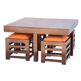 ONIJA Solid Wood Coffee Table with 4 Cubical Stools – Natural Finish